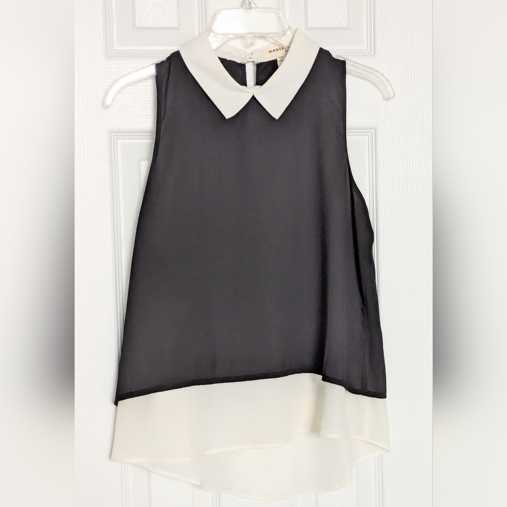 Monteau Womens (M) Elegant Black & Cream Sleeveless Layered-Look Collared Blouse